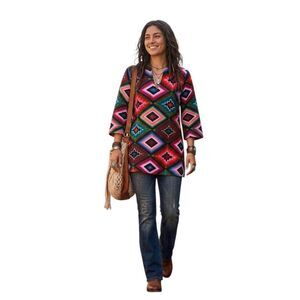 Boho Southwestern Tunic Shirt Women's Medium Aztec Geometric Bell Sleeve V Neck